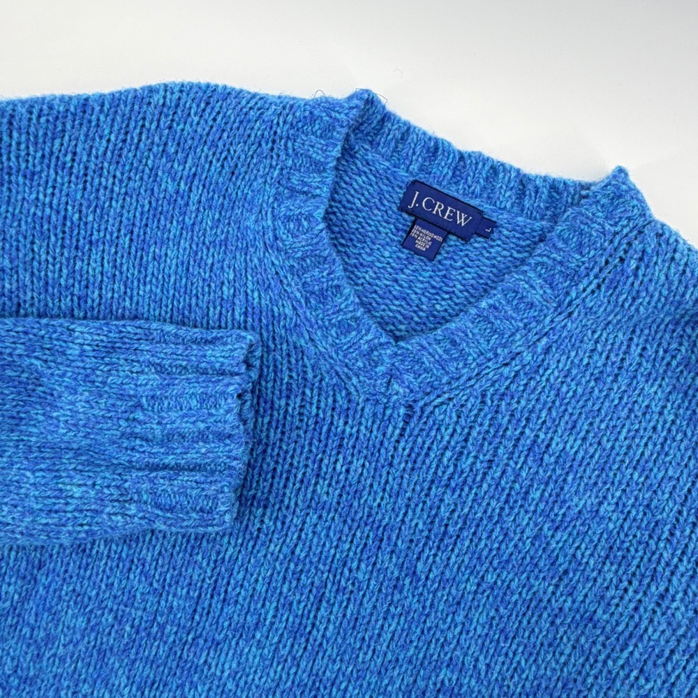 J.Crew V-Neck Sweater Large Blue Merino Wool Blend Chunky Knit Mens